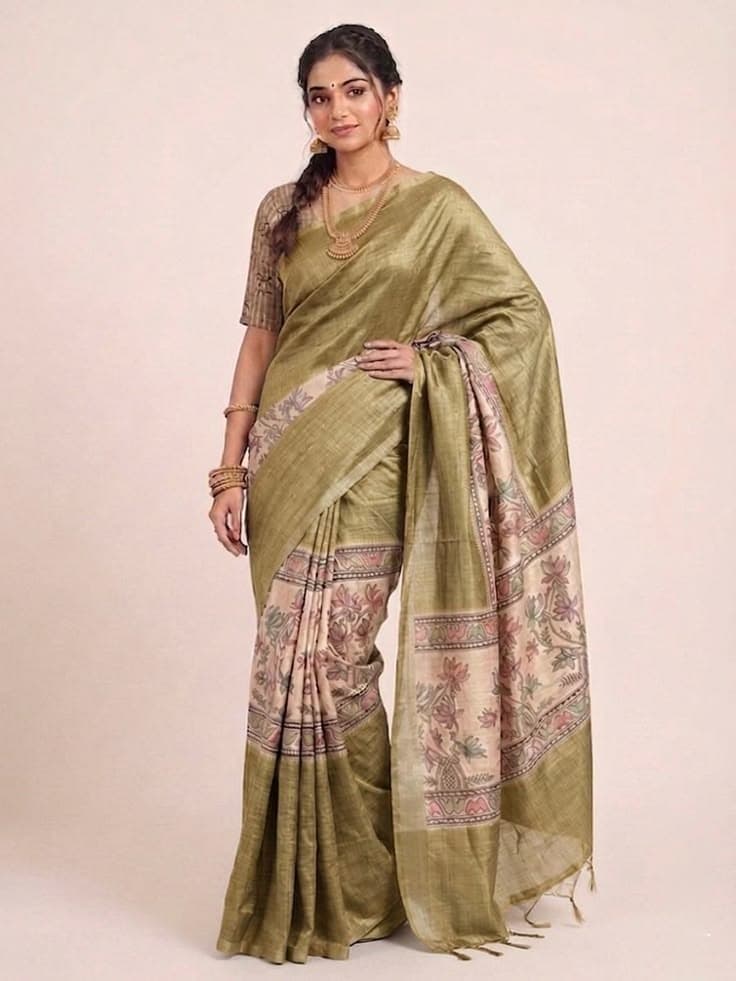 Petal Elegance Mehndi Green Saree