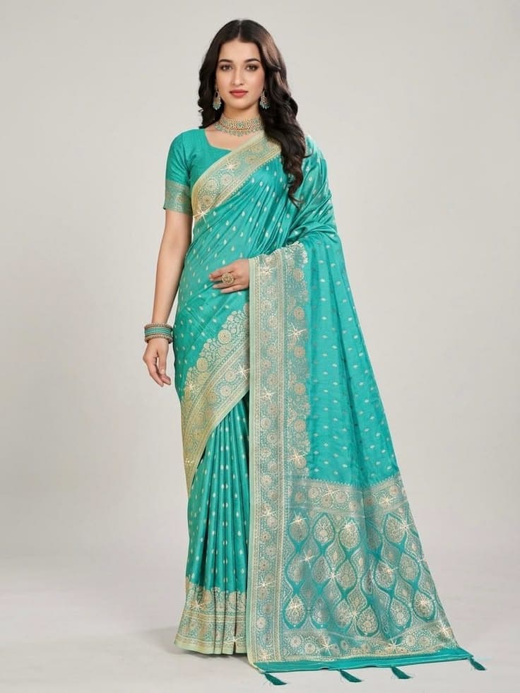 Sunehri silk till blue saree
