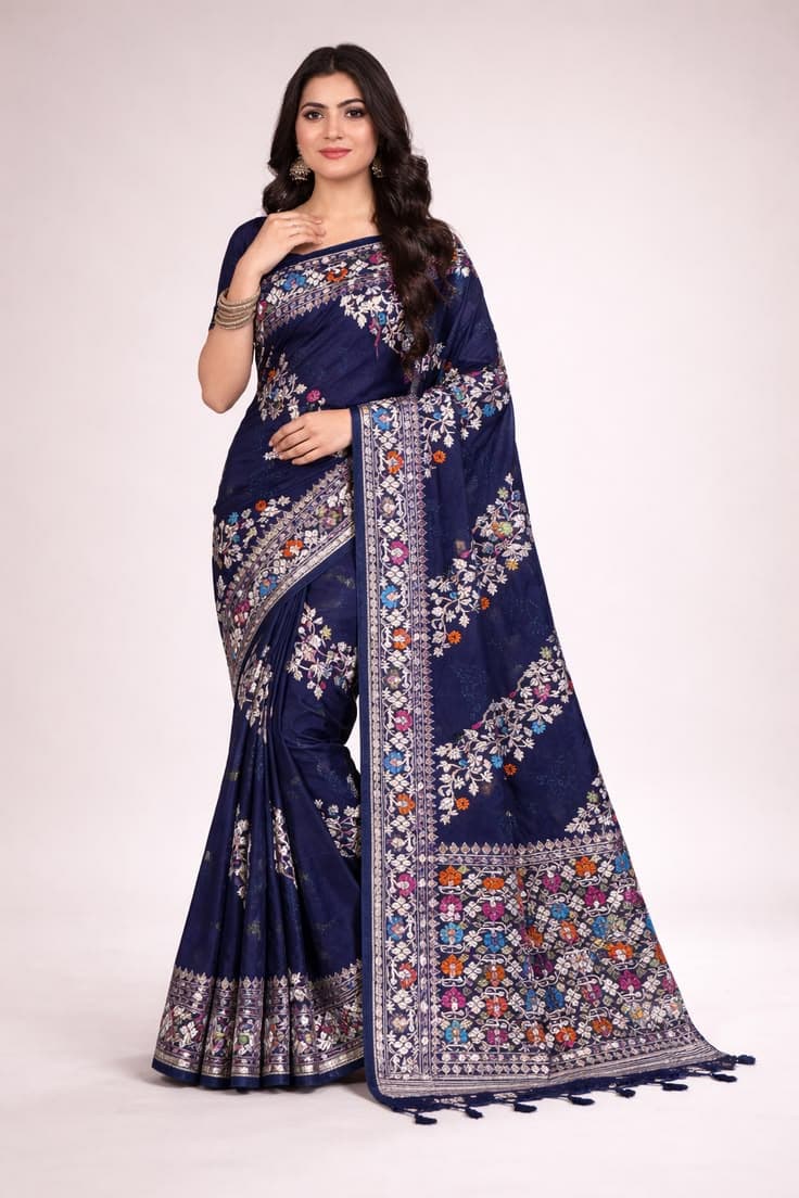Elegent Echo  Navy Blue  Saree with Multicolor Floral Weaving