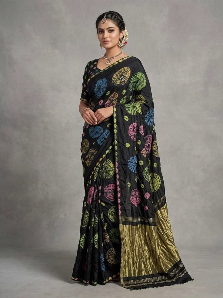 Pop Tint Bandhani Black Saree