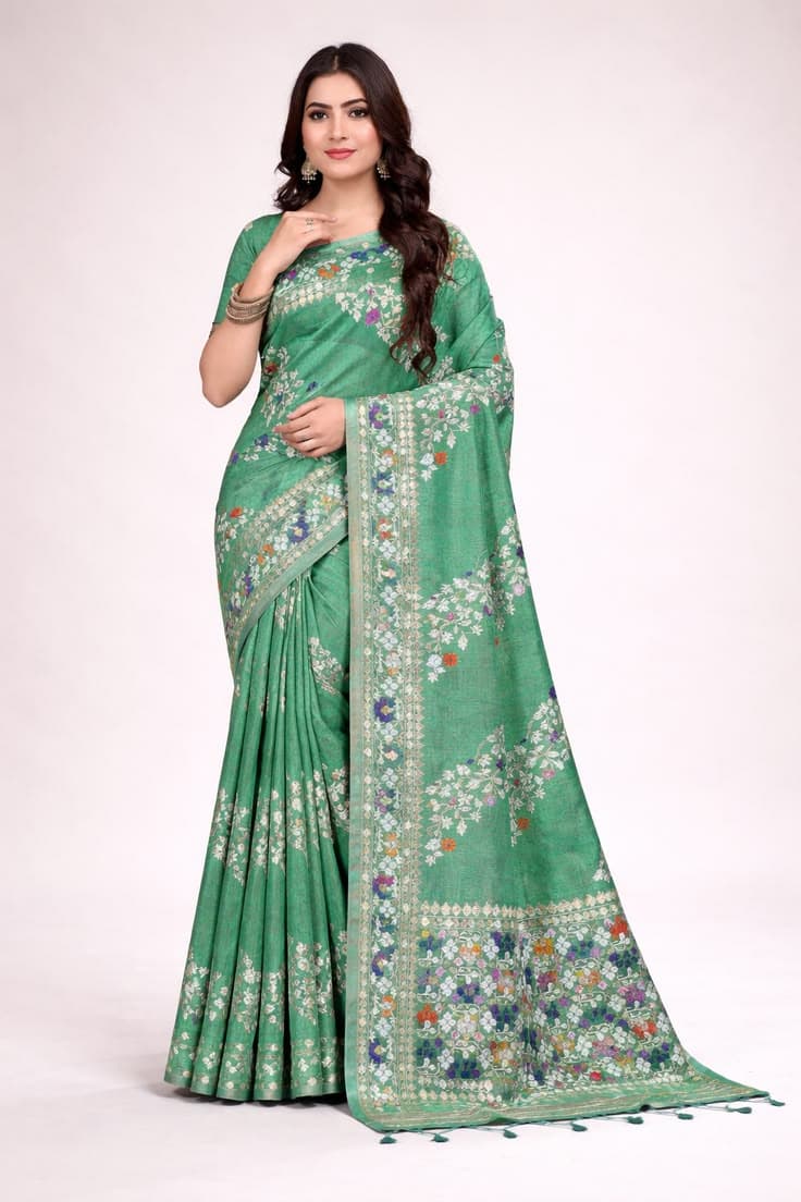 Elegent Echo Teal Saree with Silver Zari Border