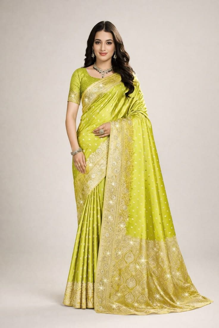 Sunehri silk mehndi green saree