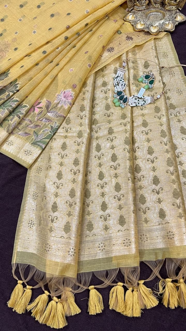 Aishwanee House gold zari saree with tassels