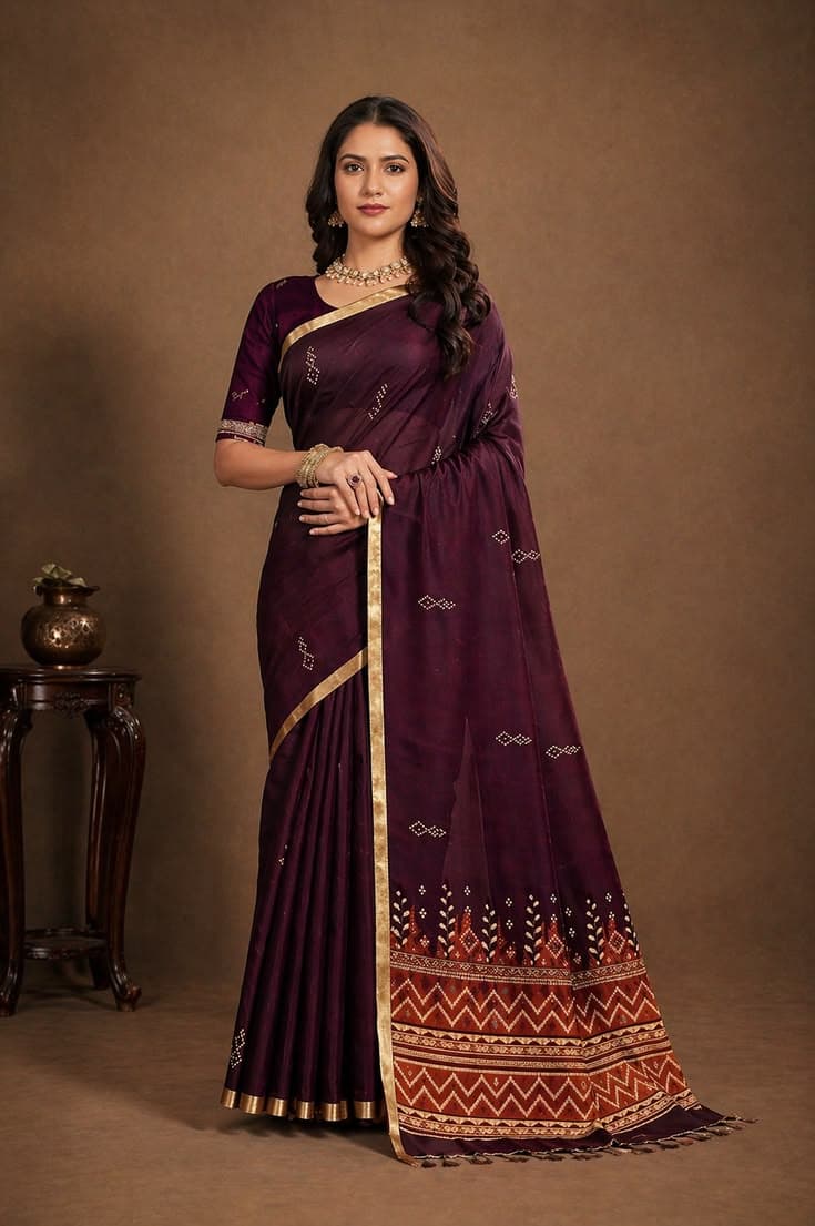 Serene Threads Deep Plum Purple Saree
